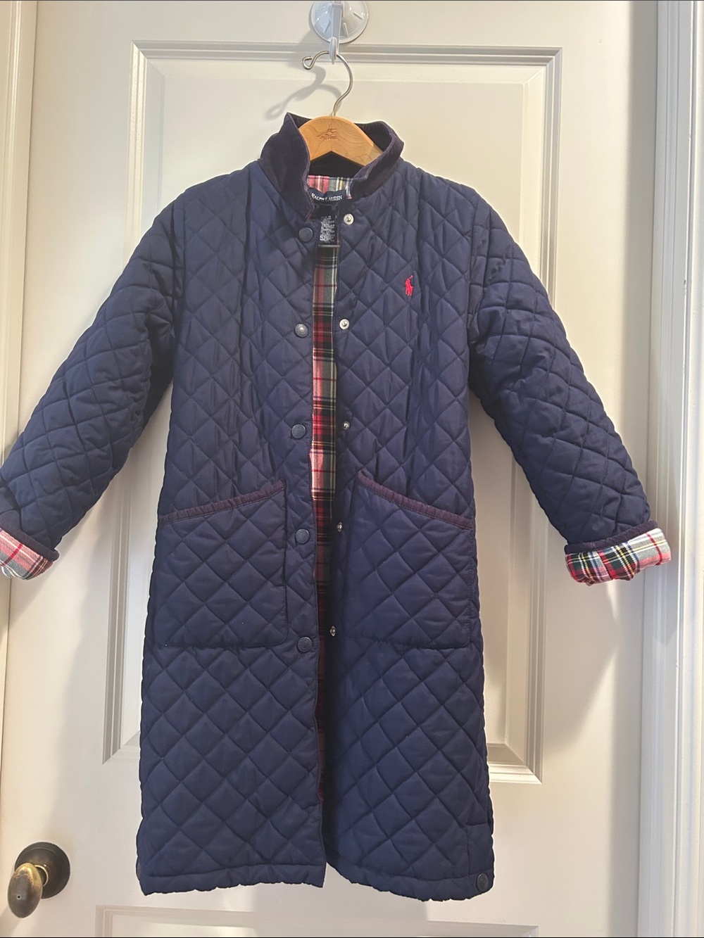 Polo Ralph Lauren corduroy collar Quilted Long Puffer Coat Plaid Flannel lined L